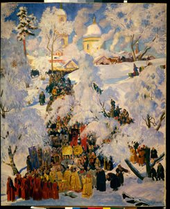 De grote zegen van het water tijdens het feest van de Theofanie door Boris Mikhailovich Kustodiev