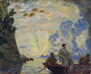 De Kozakkenleider Stepan (Stenka) Timofejevitsj Razine in een boot door Boris Mikhailovich Kustodiev