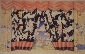 Schets van gordijn voor het toneelstuk De vlo door E. Zamyatin, 1925-1926