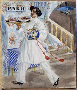 Een Russische ober in een taverne in Moskou die een dienblad met eten en theepotten draagt. door Boris Mikhailovich Kustodiev