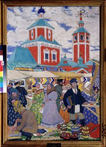 Een kermis. Genrescène, beschrijving van een markt in een provinciestad, met daken van verschillende gebouwen en de kerktoren die boven de scène uitsteken. door Boris Mikhailovich Kustodiev