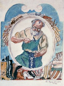 De schoenmaker, 1918 door Boris Mikhailovich Kustodiev