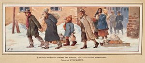 Sovjetarbeiders verlaten het kantoor met hun voedselrantsoenen, uit Histoire des Soviets, uitgegeven 1922 door Boris Vasilievich Zvorykin