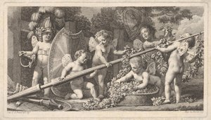 Zes putti spelen met de wapens van Mars, vier houden een grote lans vast
