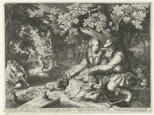 Dood en Cupido schieten elkaars pijlen af en oude man maakt jonge vrouw het hof door Boëtius Adamsz. Bolswert