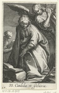 Heilige Candida en heilige Gelasia als kluizenaressen met engel door Boëtius Adamsz. Bolswert