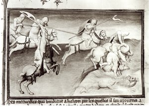 Ms Fr 2810 De Mongoolse leider, Hulagu, khan van het Ilkhanate achtervolgt zijn neef, Berke, khan van de Kipchak of Gouden Horde in 1262, dwingt hem in een rivier, uit Livre des Merveilles du Monde, c.1410