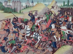 Slag tussen Saracenen en Christenen tijdens de kruistochten, uit Chroniques des empereurs door David Aubert, 1462