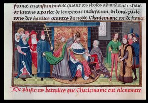 De kroning van keizer Karel de Grote (747-814) door paus St. Leo III (d.816) op kerstavond 800 AD, uit Chroniques des Empereurs door David Aubert, 1462 door Brabant School