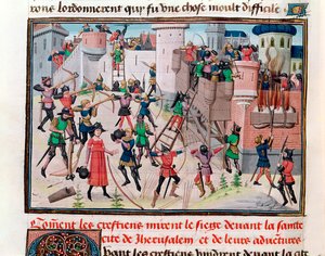 Ms 5089-90 Het beleg van Jeruzalem door de christenen tijdens een van de kruistochten, uit Chroniques des empereurs door David Aubert, 1462