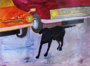 Hond bij de Tweedehands Autohandel, Rex met Rode Auto