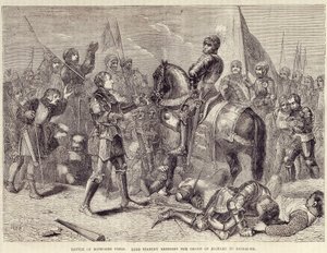 Slag bij Bosworth Field. Lord Stanley brengt de kroon van Richard III naar Richmond (1485): einde van de Rozenoorlog - in 