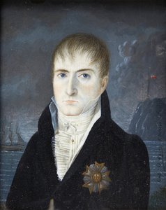 Keizer op het eiland Sint-Helena - Portret van Keizer Napoleon 1e zonder hoed, in zwarte kleding, met het insigne van de grote adelaar van de Orde van het Legioen van Eer door Kapitein Dodgin (actief)