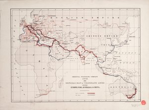 Algemene kaart van telegraaflijnen tussen Europa, India, Australië en China door British School