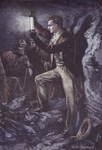 Humphry Davy met Davy veiligheidslamp voor mijnwerkers, uitgevonden in 1815 (handgekleurde houtsnede)