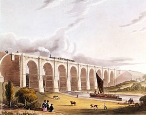 Industriële revolutie: uitzicht op het spoorwegviaduct dat de Sankey Valley oversteekt. Plaat uit 