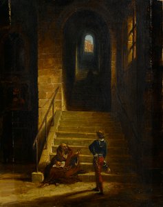 Interieur van een kasteel, met een zittende monnik, ca. 1850