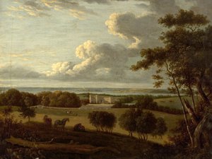 Landschap nabij de kust (zicht op een herenhuis met de zee in de verte)