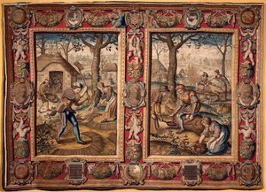 November en December: landbouwarbeid en varkensslacht Tapijt van de manufacturen van Mortlake. 17e eeuw Genes, Musei di Strada Nuova