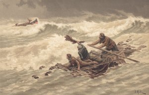 Zeelieden klampen zich vast aan wrakstukken op zee (kleur litho) door British School