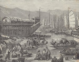 Schepen in drukke haven, Shanghai, China (gravure) door British School