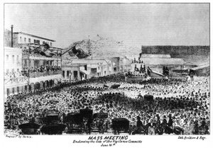 Een massabijeenkomst buiten Fort Vigilant, Sacramento, Californië