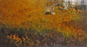 Een zomers landschap met een vogel in vlucht