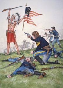 Een Siouxkrijger tegen het 7e Regiment Amerikaanse Cavalerie in de Slag om de Kleine Bighorn, 25 juni 1876, uit een serie van zes tableaus
