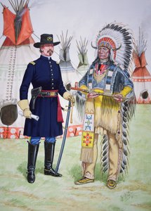 Opperhoofd Red Cloud van de Oglala Sioux biedt een vredespijp aan aan een officier van het 5e Regiment US Cavalerie bij de ondertekening van het Fort Laramie Verdrag van 1868, uit een set van zes tableaus
