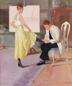 Kunstenaar bewondert de voet van zijn model (kleurenlitho)