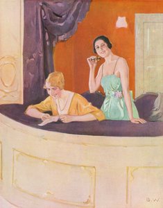 Twee vrouwen in een doos bij de opera (kleurenlitho) door Brynolf Wennerberg
