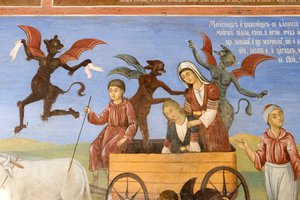 Bulgarije, Rila Klooster, fresco in de kerk van de Geboorte van de Maagd door Bulgarian School