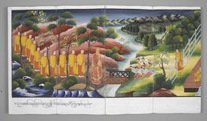 Monniken die een rivier oversteken, Scènes uit het leven van Boeddha door Burmese School