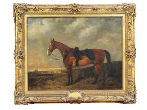 Shadrach, een kastanjebruine jager in een landschap door Byron Webb