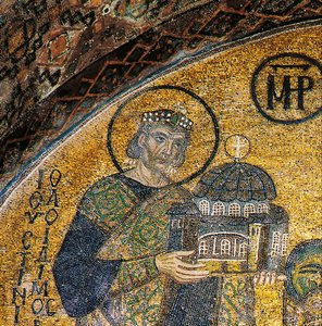 Keizer Justinianus presenteert Hagia Sophia aan de Maagd en Kind (mozaïek)