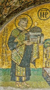 Keizer Justinianus presenteert Hagia Sophia aan de Maagd en het Kind (mozaïek)