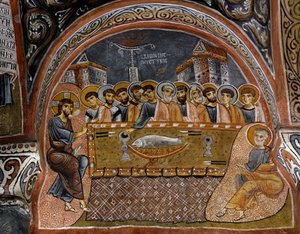 Laatste Avondmaal, Byzantijnse fresco (12e eeuw), Karanlik Kilise (Donkere Kerk) (12e-13e eeuw), Göreme (Unesco Werelderfgoedlijst) door Byzantine