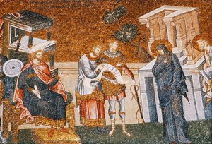 Maria & Jozef voor Cyremius die zich inschrijven voor de belasting, met een bewaker, een schrijver en een officier, ca. 14e eeuw (mozaïek) (detail)