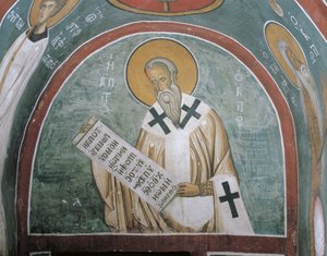 Schilderijen van een heilige met een brief, St. Ignatius van Antiochië, Panagia Too Araka, Lagoudera, Cyprus door Byzantine