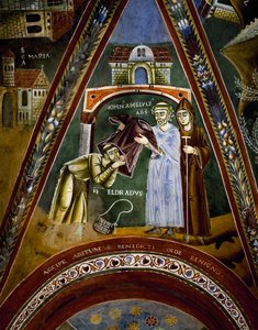 St Nicola, verhalen uit het leven van St Eldrad en St Nicolaas, St Eldrado naar St Jacobus van Compostela: ontvangt een monastieke gewoonte van de abt van Novalesa (detail) door Byzantine