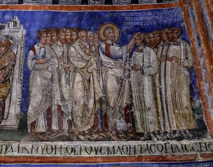 St. Paulus legt zijn handen op nieuw gedoopten, Byzantijns fresco in transept van Tokali Kilise (Buckle Church) (12e-13e eeuw), Goreme (Unesco Werelderfgoedlijst) door Byzantine