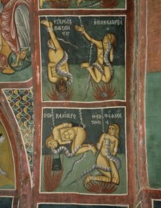 De Verdoemden: De Woekeraar en de Zondige Non (boven), de Afvallige Priester en de Slechte Moeder (onder) door Byzantine