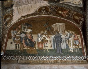 De volkstelling, Maria en Jozef voor Herodes de Grote (Mozaïek van 1310-1320)