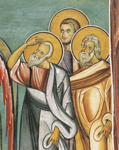 Drie mensen in een kerk, Panagia too Araka, Byzantijns, Troodosgebergte, Cyprus