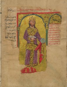 Alexander de Grote in de Byzantijnse keizerlijke kleding Miniatuur uit de Alexanderroman, 14e eeuw