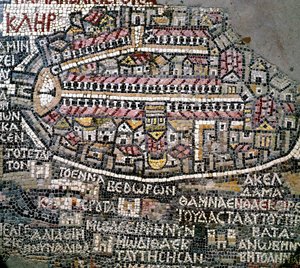 Byzantijnse kunst: oudste kaart van Palestina. Detail dat Jeruzalem voorstelt. Mozaïek van de 6e eeuw. Madaba, Kerk van St. George door Byzantine School
