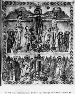 Kruisiging en de Opstanding, uit de Rabula Evangeliën, 586 AD