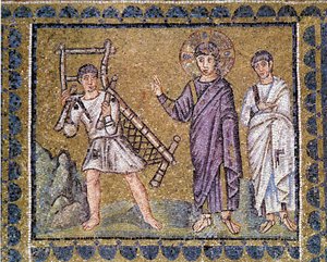 Genezingen van de verlamde, Kerk van St. Apollinar de Nieuwe van Ravenna, muurschildering mozaïek, Italië, 6e eeuw