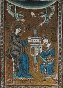 Koning Willem II van Sicilië biedt de kerk van Monreale aan de Maagd aan door Byzantine School