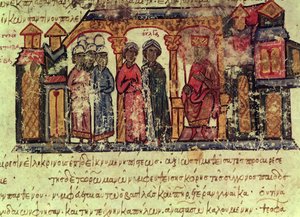 De Bekering van Olga uit de Madrid Skylitzes door Byzantine School